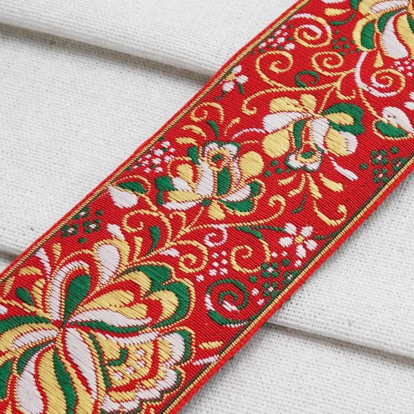 Лента (тесьма) жаккардовая 50.0 мм / 25±1 метров, рис. 9568 Гжель, (6 красный/зеленый/желтый/белый) С3379Г17