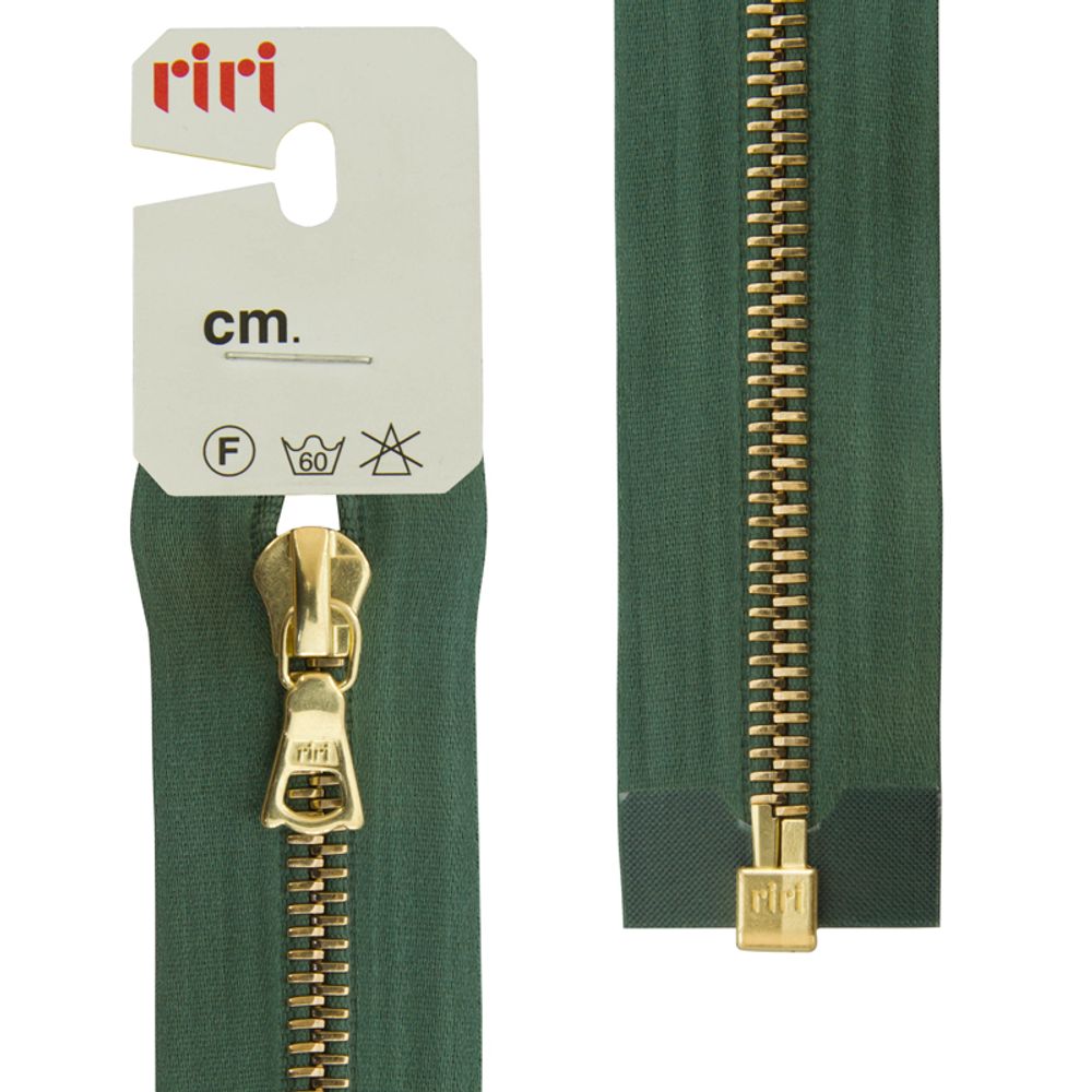 Молния металл RIRI Т6 (6 мм) Gold, 1 зам., разъем., атлас. тесьма, 70 см, цв. тесьмы 5861, зеленый холодный, упак. 5 шт /TOS/