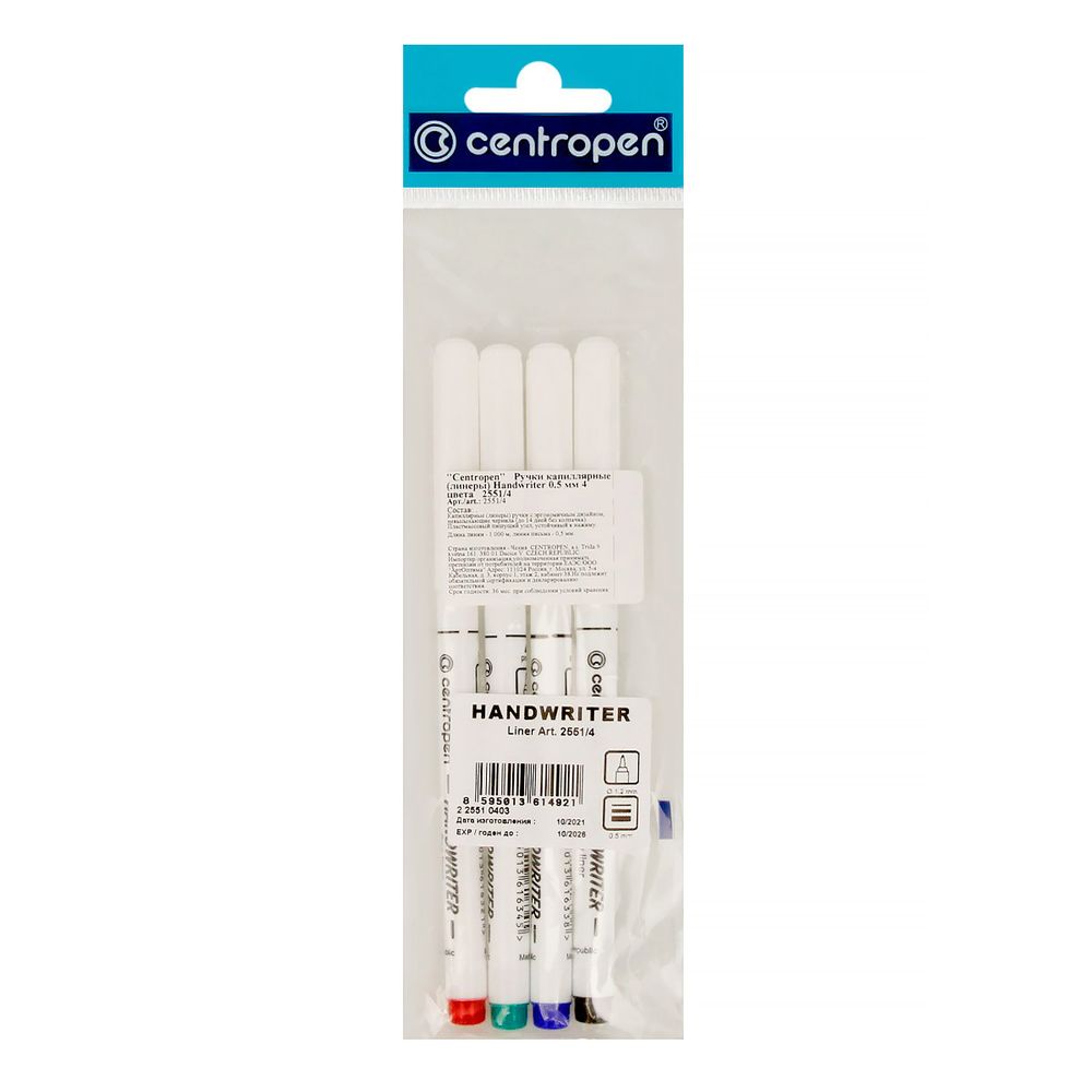 Ручки капиллярные (линеры) Handwriter 0.5 мм, 4 цвета 2551/4 мм, 2551/4, Centropen 2551/4