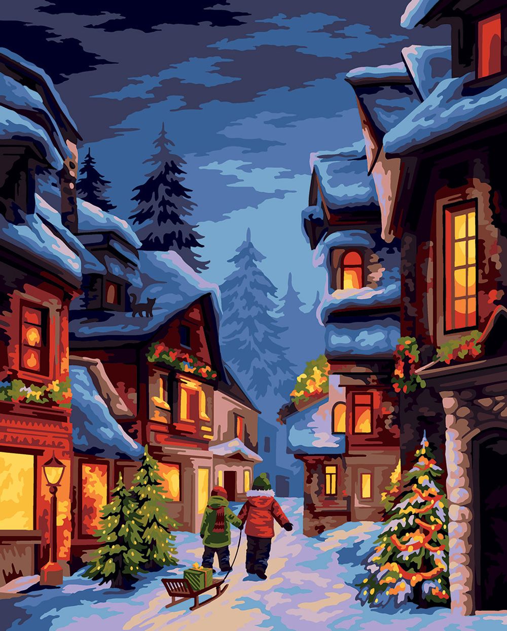 Картина по номерам Фрея, со светодиодами Зимняя улочка, 50х40 см