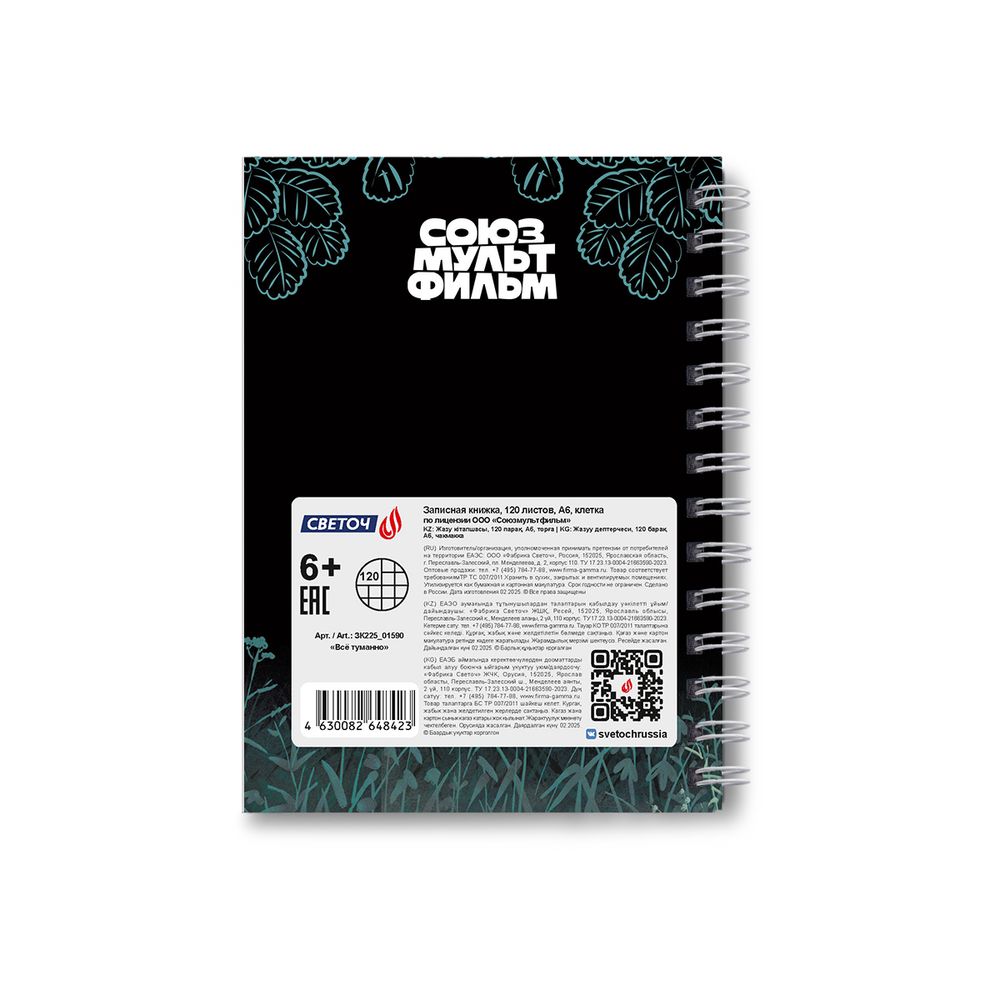 Записная книжка с твердым переплетом, матовая ламинация (лицензия), на гребне A6 120 л. 4 шт клетка, Всё туманно 01590, ЗК225 Светоч