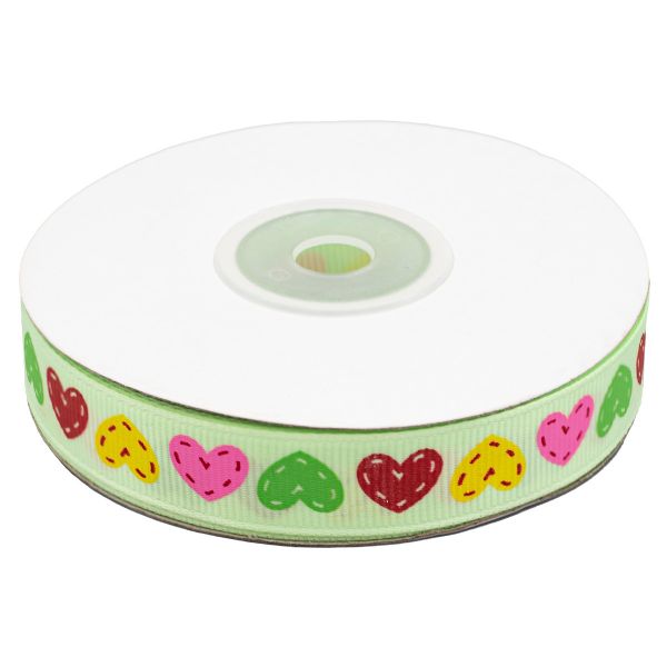 Лента репсовая (в рубчик) Сердечки 1,5см*22.86 м (св.зеленый)