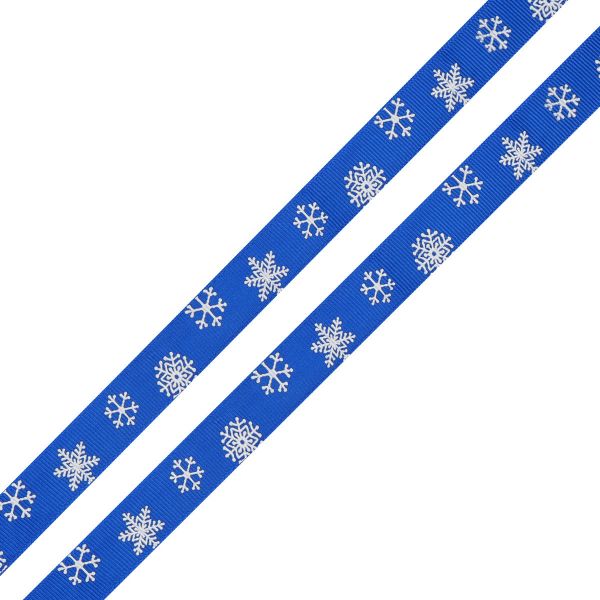 Лента репсовая (в рубчик) Снежинки, 15мм / 3м (синий)