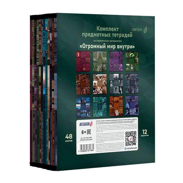 Комплект тетрадей со справочными материалами Огромный мир внутри, A5 48 л. 12 шт на скобе 60 г/м², белизна 90% 1 шт клетка/линия, 01883 12 предметов, Светоч Т294