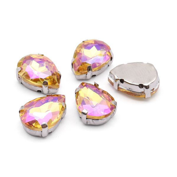 Хрустальные стразы в цапах формы капля, желтый с покрытием AB 10х14 мм, 5 шт, АЦ005НН1014