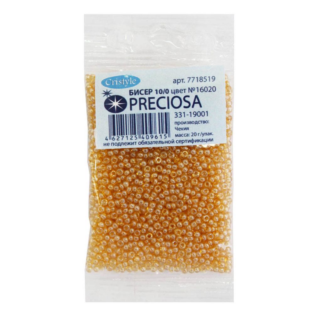 Бисер Preciosa прозрачный с жемчужным покрытием 10/0 (2.3 мм), круг.отв, 20гр, уп.5 шт