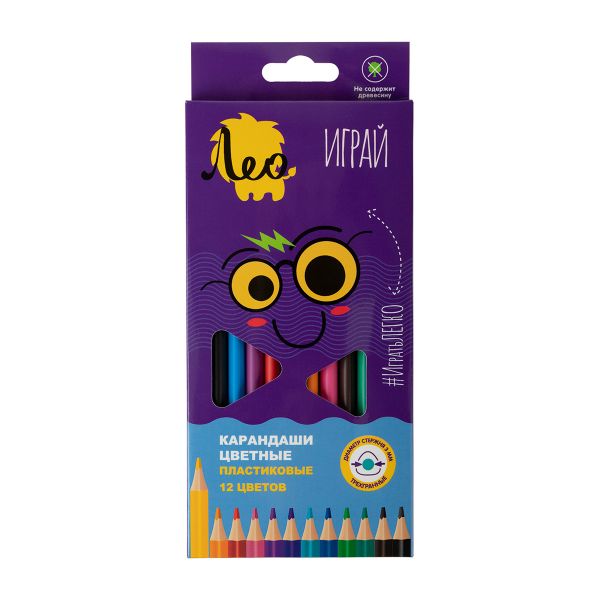 Карандаш цветной пластиковый трехгранный заточенный 12 цв, Лео LPPCP-12