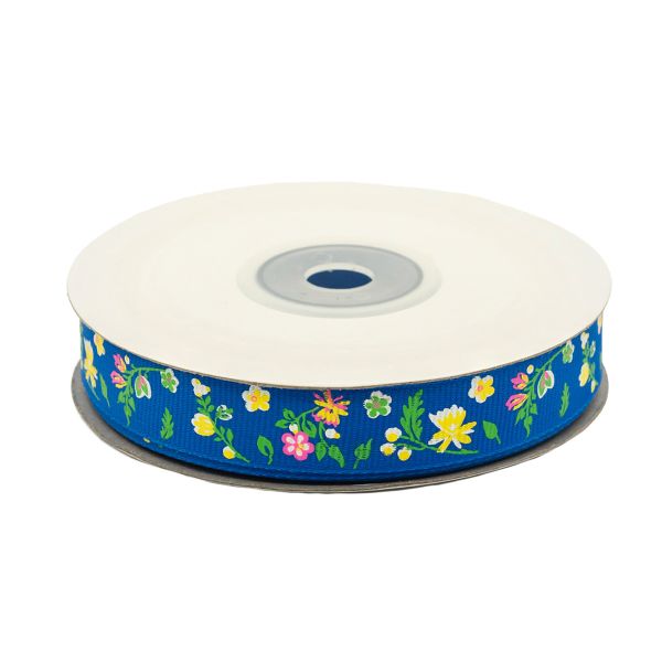 Лента репсовая (в рубчик) Цветочки маленькие 1,5см*22.86 м (синий)