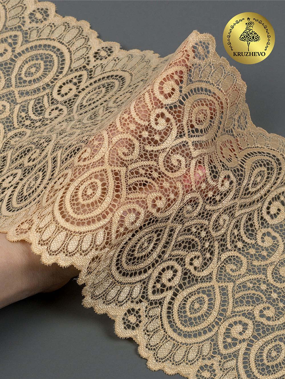 Кружево эластичное (стрейч) L1351 180мм цв.126 бежевый, 25м, Kruzhevo