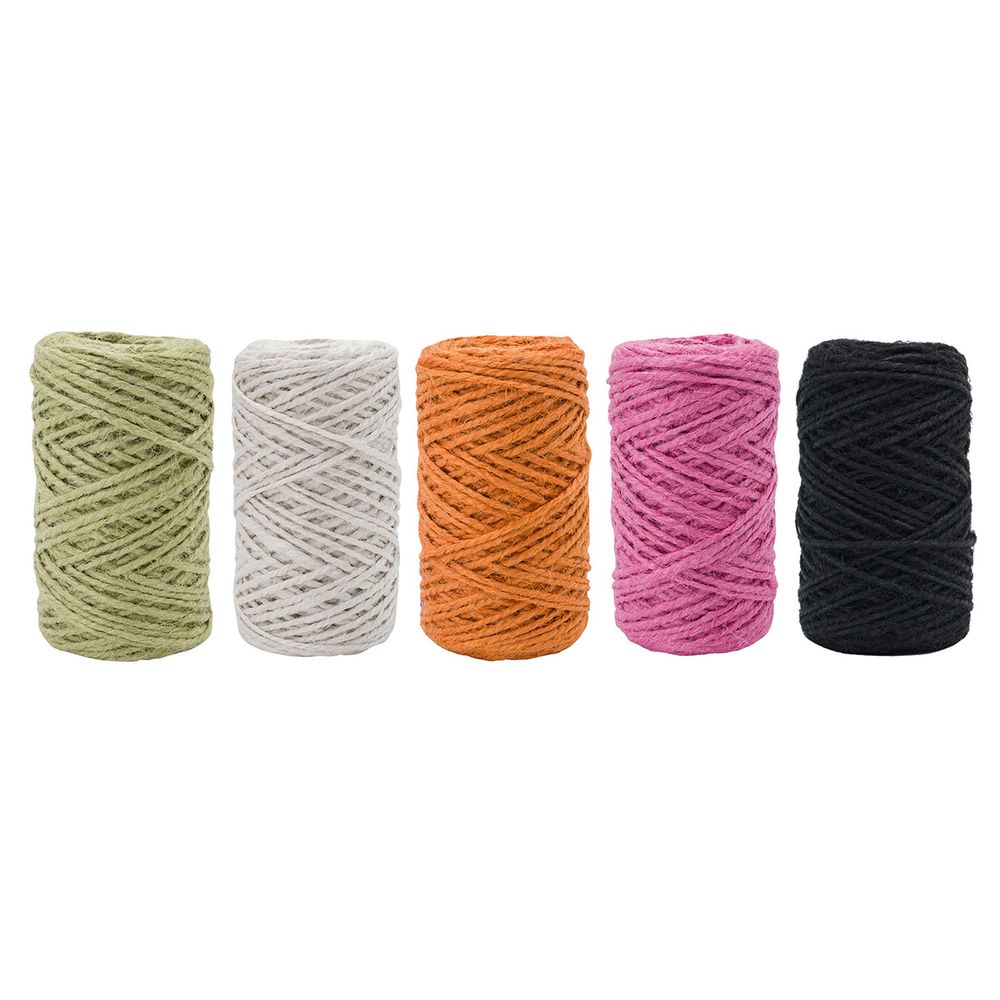 Шпагат джутовый ⌀1.4 мм / 50 метров (50 г), 2-ниточный, 1200 текс, евробобина, 5 шт, ассорти 2 (черный, оранжевый, розовый, оливковый, белый)