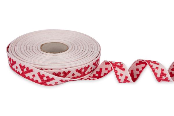 Лента (тесьма) жаккардовая 18.0 мм / 25±1 метров, Орнамент для северных народов, рис 6753 белый-красный, Gamma С3771