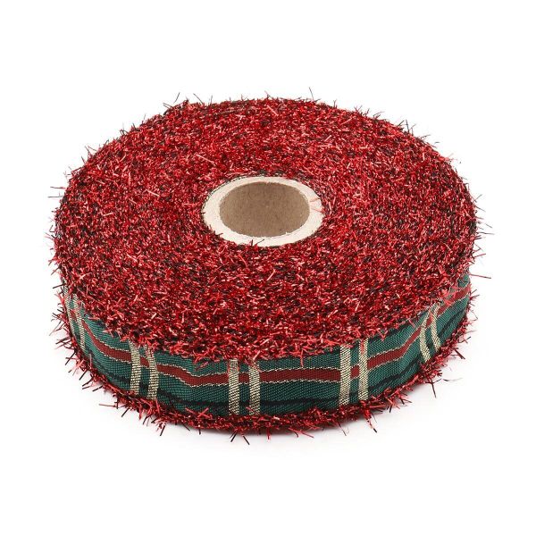 Лента (тесьма) жаккардовая 25.0 мм / 10±0.5 метров, Тартан с люрексом, 25136 SKL красный