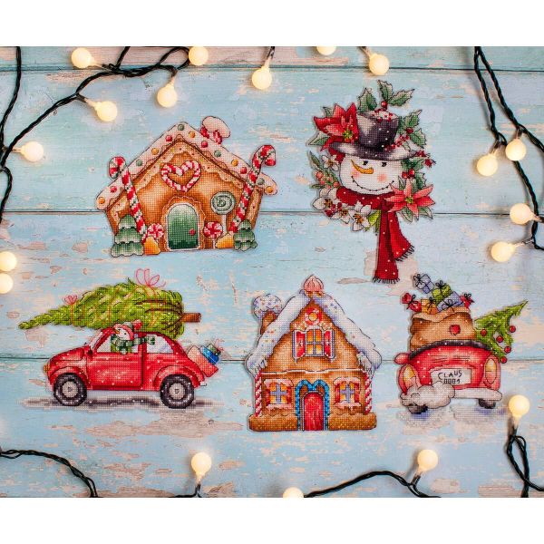 Набор для вышивания нитками LetiStitch L8055, Набор новогодних игрушек № 4 из 5 предметов 16x16 см