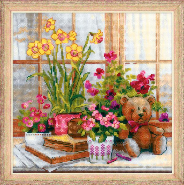 Набор для вышивания нитками Риолис, Нарциссы на окошке 25х25 см