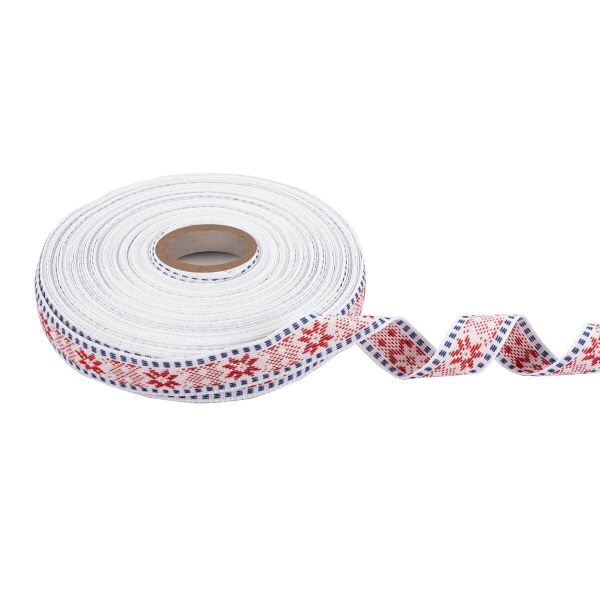 Лента (тесьма) жаккардовая 24.0 мм / 25±1 метров, Орнамент для северных народов, рис 9875 №2 бел/красн/синий, Gamma C3885