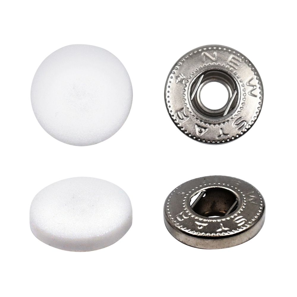 Кнопка Альфа (S-образная) ⌀15.0 мм, ≈720 шт, шляпка пластик + отв.части МЕТАЛЛ, 101 белый + отв.части никель, NEW STAR