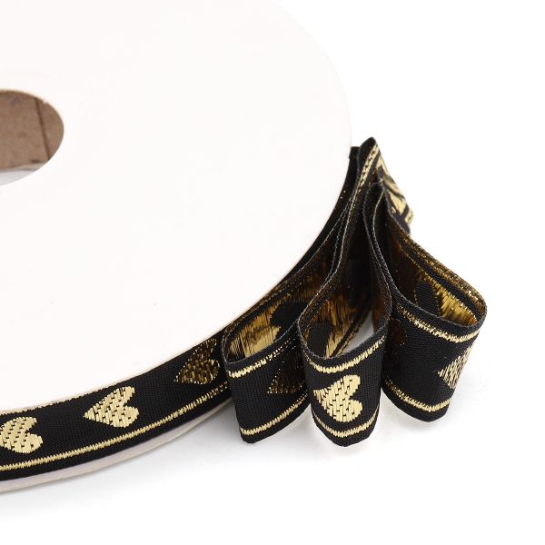 Тесьма декоративная металлизированная Сердечки 15 мм / 25 метров, 15005 черный/золото