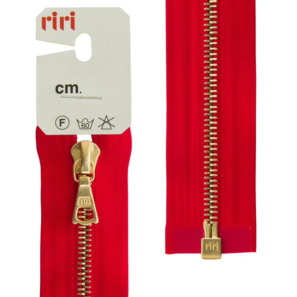 Молния металл RIRI Т4 (4 мм) Gold, 1 зам., разъем., атлас. тесьма, 65 см, цв. тесьмы 9426, ярко-красный, упак. 5 шт /TOS/