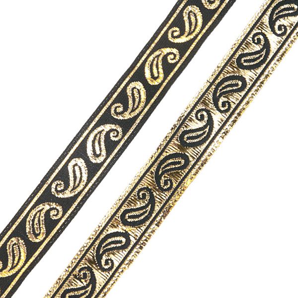 Тесьма декоративная металлизированная Пейсли 15 мм / 25 метров, 15006 черный/золото