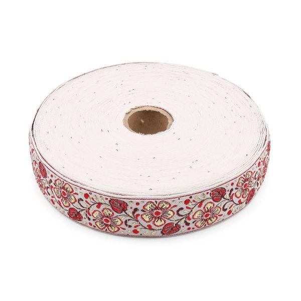 Лента (тесьма) жаккардовая 32.0 мм / 25±1 метров, с метанитом Яблоневый цвет, рис. 9565 белый / золотой / красный, С3104Г17