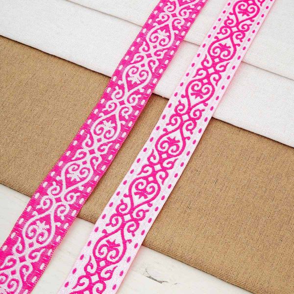 Лента (тесьма) жаккардовая 33.0 мм / 7 метров, бело-розовый, 22821