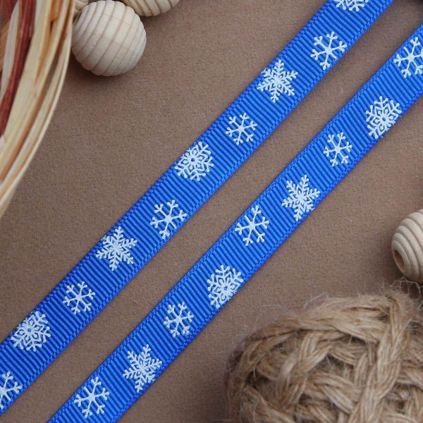 Лента репсовая (в рубчик) Снежинки, 10 мм, 3м, синий