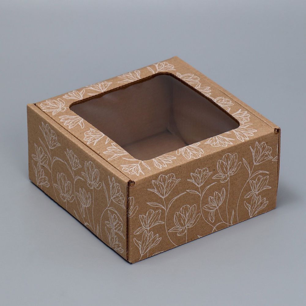 Коробка сборная с окном Цветы, бурый, 16х8х16см, 9381890, 5 шт