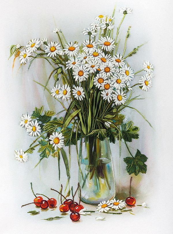 Набор для вышивания нитками Panna, Живая картина, Ромашки и вишни, 21,5х30 см