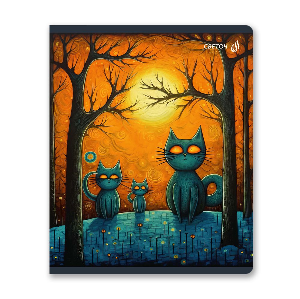 Тетрадь ученическая общая, матовый сплошной лак+запечат.форзац+титул лист A5+ 48 л. на скобе 65 г/м², белизна 100 %, 10 шт, клетка, 01122 Загадочные коты, Светоч Т76