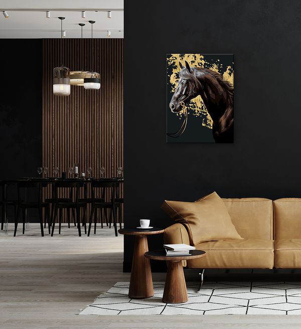 Картина по номерам Фрея PNB/PMPT-275, Вороной скакун, (эффект черного холста с поталью) 40х30 см