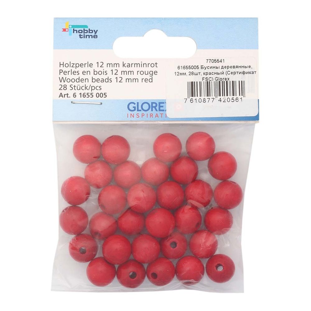 Бусины дерево красный, 12 мм, 28 шт, Glorex /TOS/