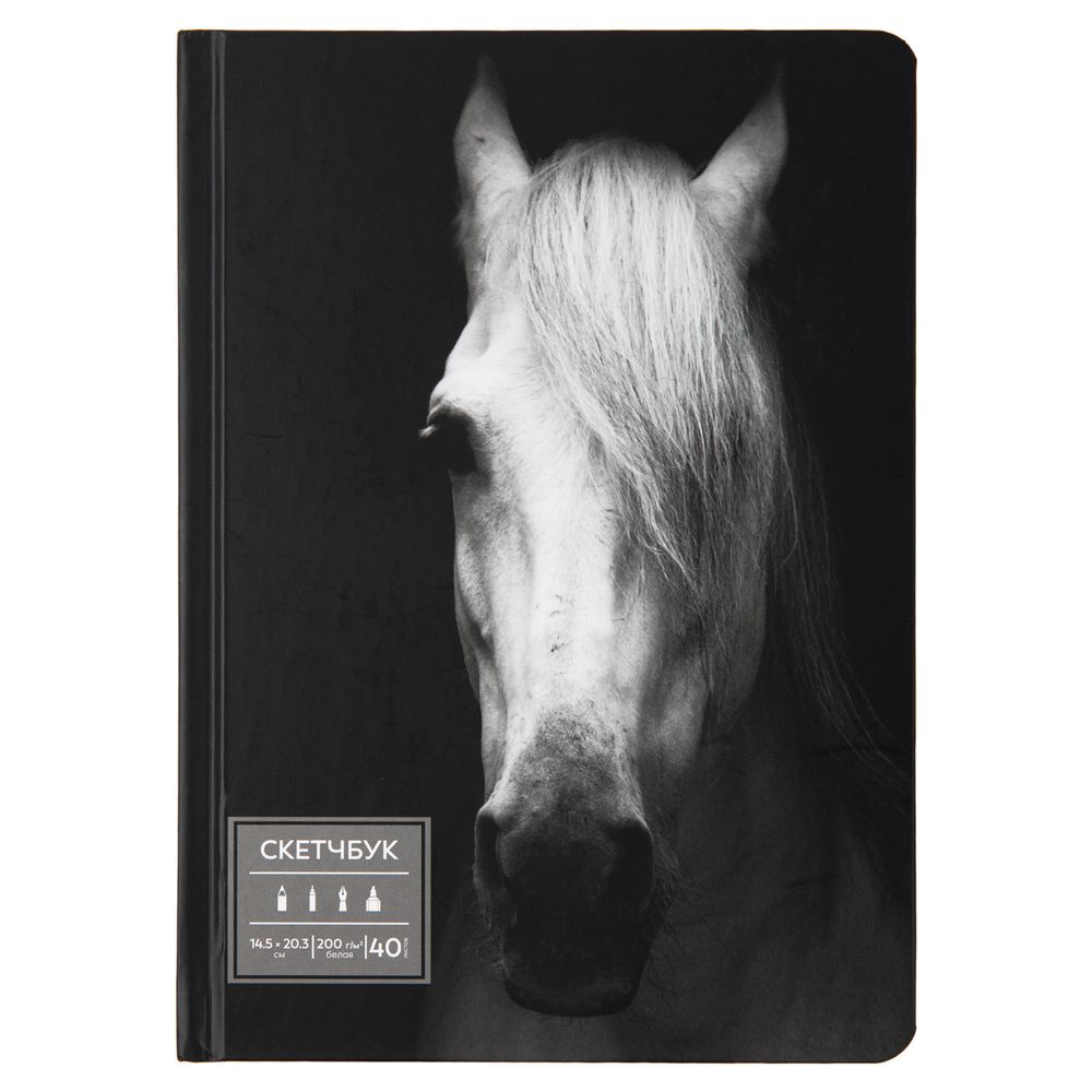 Скетчбук A5 200 г/м², 200 г/м², 20.3х14.5 см, твердый переплет 40 л, 03_Horse in black, Аква-колор IZO-SBS-0740