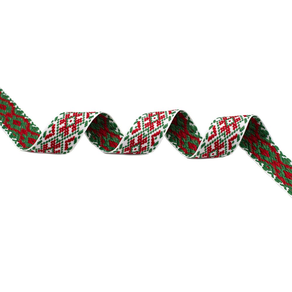 Лента (тесьма) жаккардовая 37.0 мм / 50 метров, (268 бел, красн., зел.), Р9723