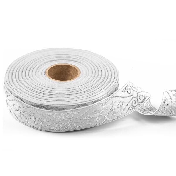 Лента (тесьма) жаккардовая 32.0 мм / 25±1 метров, рис.9793, белый/серебро, Gamma С3104Г17 рис.9793
