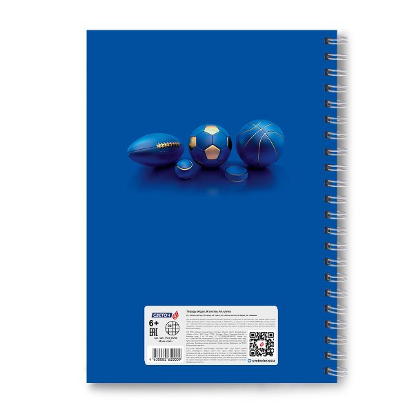 Тетрадь ученическая общая, выборочный УФ лак, A4 96 л. на гребне 65 г/м², белизна 100 %, 4 шт, клетка, 01259 Всем спорт, Светоч Т132