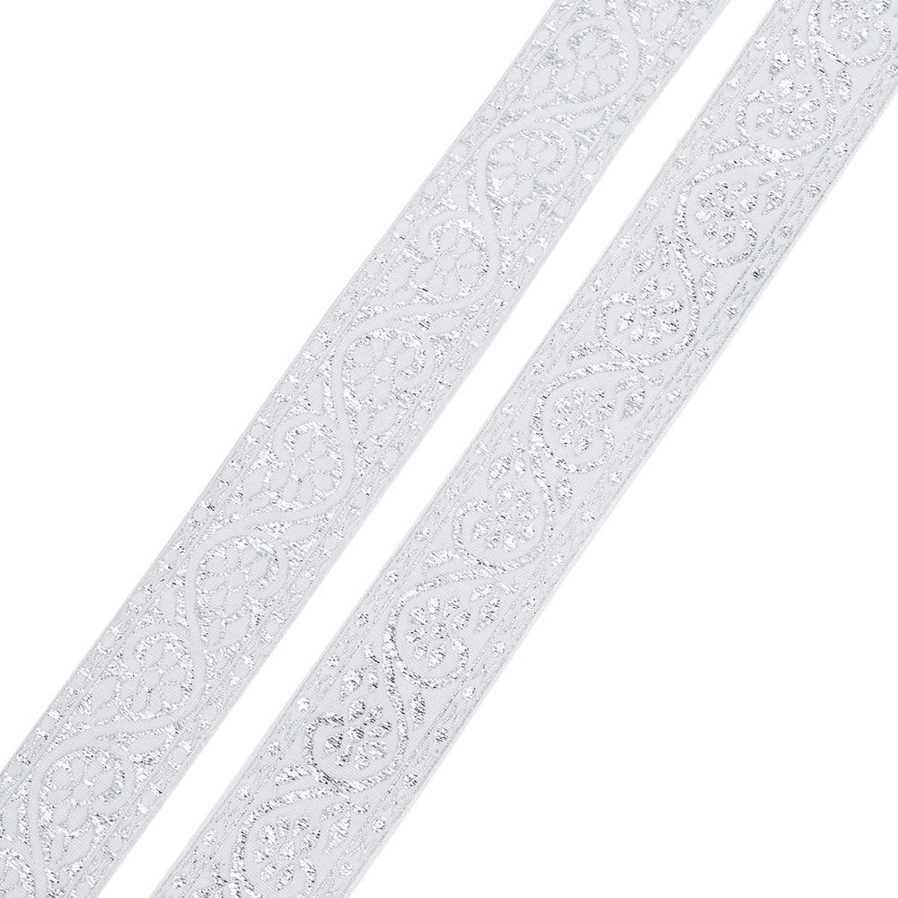 Лента (тесьма) жаккардовая 32.0 мм / 25±1 метров, с метанитом рис. 9819, белый/серебро, С3104Г17