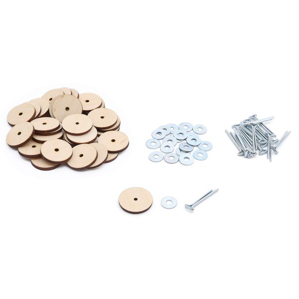 Набор креплений: диск из фанеры 25мм (30 шт), Т-шплинт 2,5х25мм (15 шт), шайба 4х12мм (30 шт)