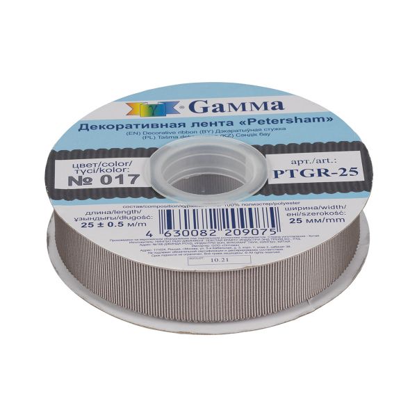 Лента репсовая (в рубчик) с зубчатым краем 25.0 мм / 25±1 метров, 017 т.серый, Gamma PTGR-25
