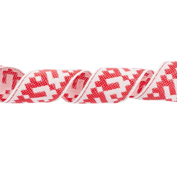 Лента (тесьма) жаккардовая 24.0 мм / 25 метров, Орнамент для северных народов, рис 9674 белый/красный, Gamma С3772