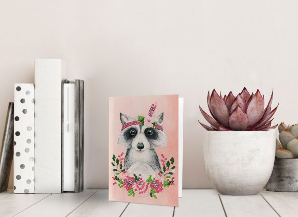 Алмазная (кристальная) мозаика Фрея, открытка Енотик с цветами, 14.8х10.5 см