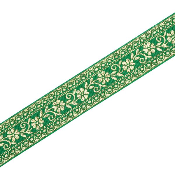 Лента (тесьма) жаккардовая 32.0 мм / 25±1 метров, с метанитом рис. 9842, зеленый/золото, С3104Г17
