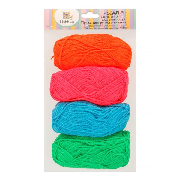 Пряжа Hobbius Simple / уп.4 мот. по 25 г, 66 м, №02 оранжевый-св.розовый-голубой-зеленый