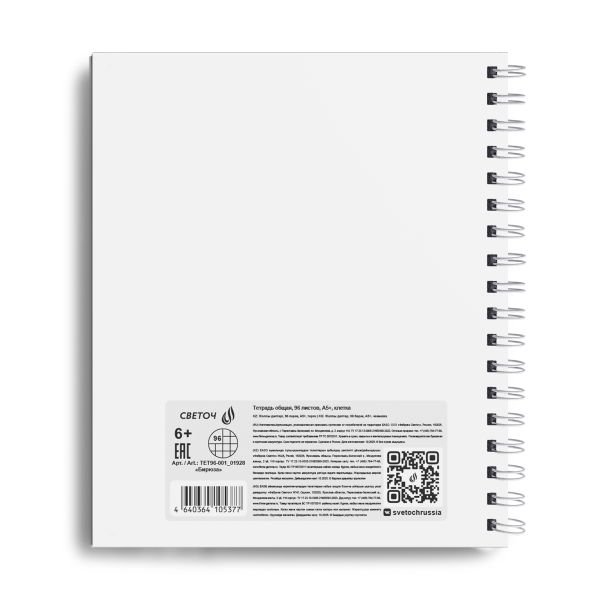 Тетрадь общая с пластиковой обложкой, 500 мкм, тиснение серебряной фольгой, A5 96 л. на гребне 65 г/м², белизна 100% 4 шт клетка, 01928 Бирюза, Светоч ТЕТ96-001