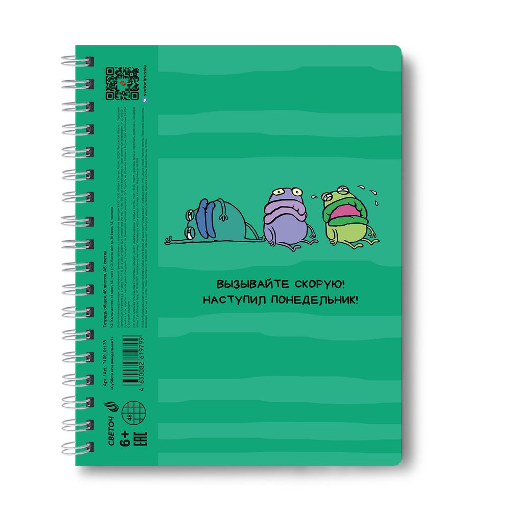 Тетрадь-перевертыш ученическая общая, A5 48 л. на гребне 65 г/м², белизна 100 %, 8 шт, клетка, 01178 Суббота или понедельник?, Светоч Т109