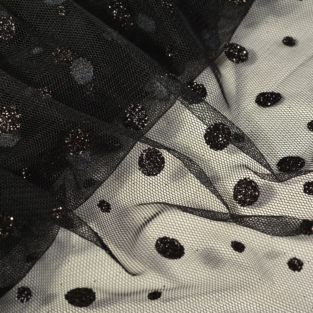 Фатин в горошек (флок) 150 см / 15-28 метров, 1712, цв.черный