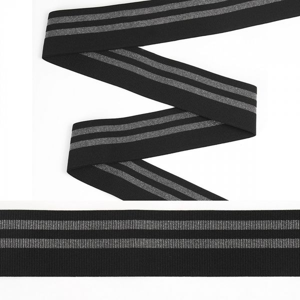 Резинка декоративная в рубчик с двумя полосками 50.0 мм / 1.5±0.5 метра, RDG.250322SB, черный/серебро