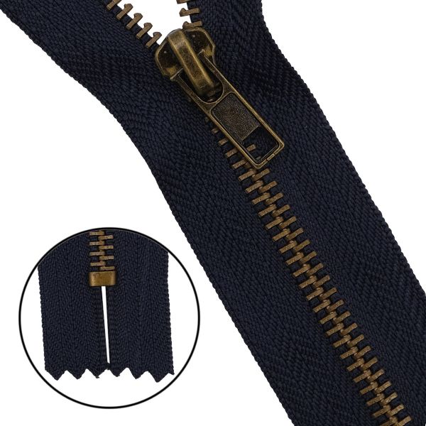 Молния металл джинсовая Т5 (5 мм) 1 зам., н/раз., антик, 12 см, автомат, 233 т.синий, 10 шт, 25912-2