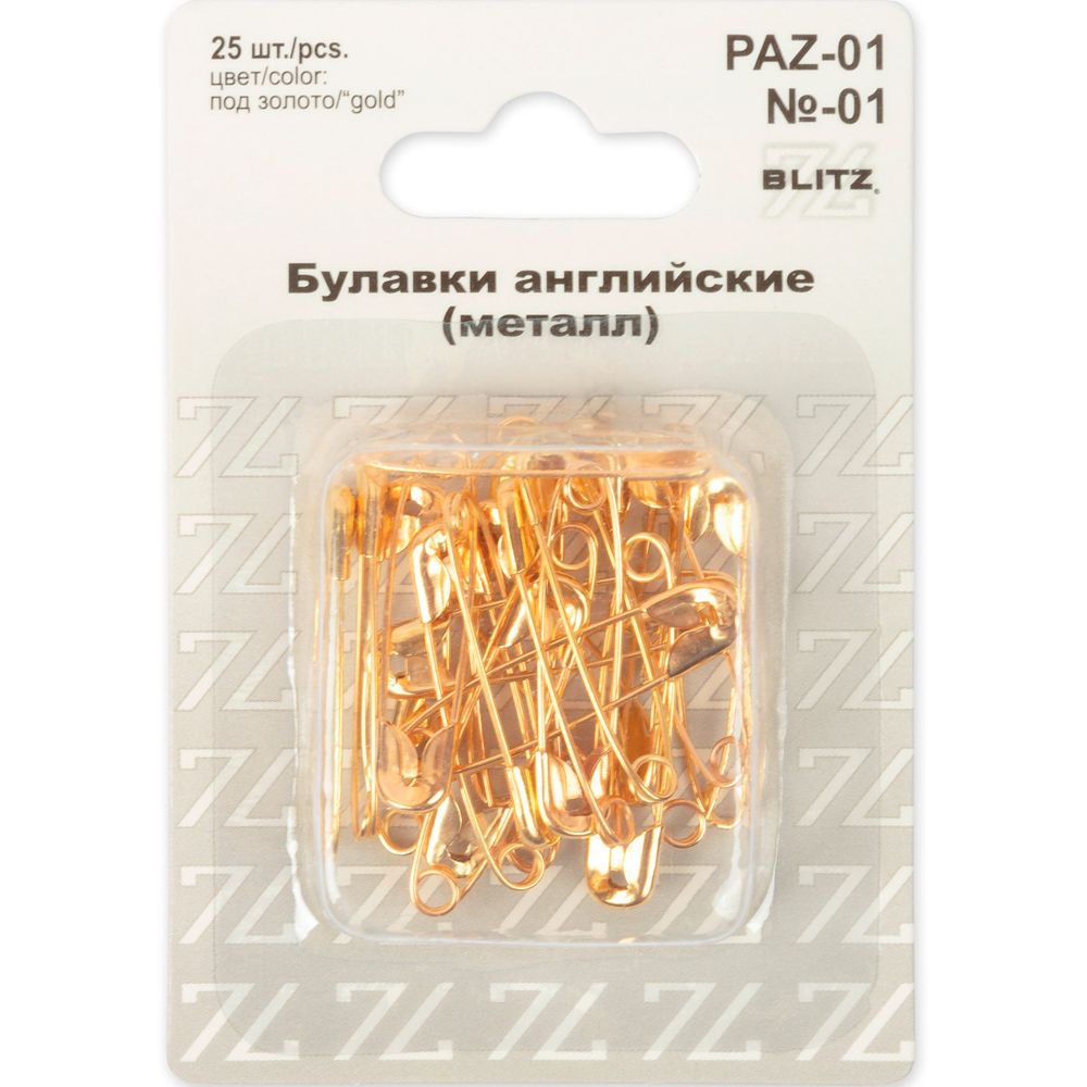 Булавки английские 32 мм, №01, 25 шт, железо, золото, Blitz PAZ-01