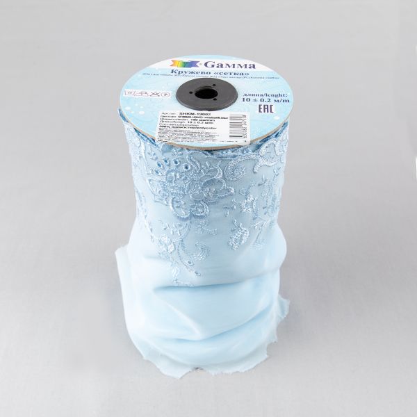 Кружево на сетке (шифон) 190 мм / 10 м, Турция, SF006BLU (042) голубой, Gamma SHKM-19002
