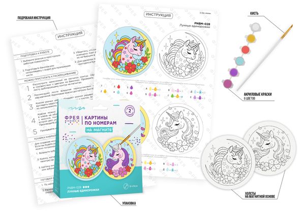 Картина по номерам Фрея PNBM-028, Лунные единорожки, (на магните) 9х9 см